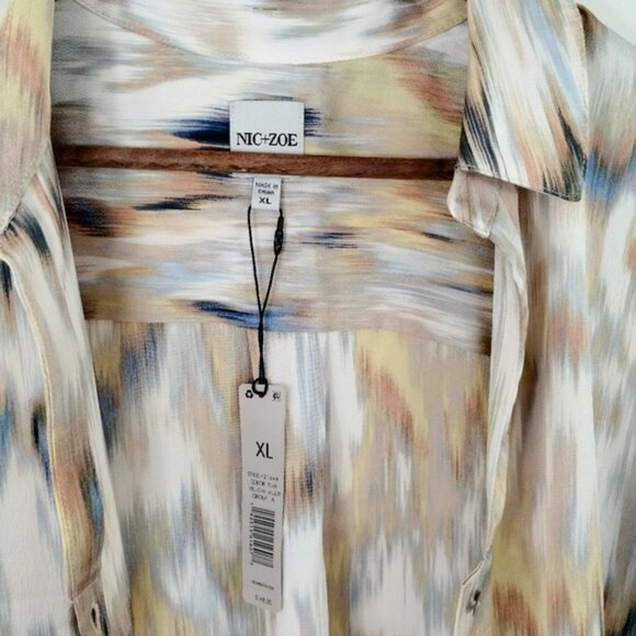 NIC+ZOE Woven Ikat Button Front Blouse XL Beige Tan Office Casual F211644 - Picture 4 of 8